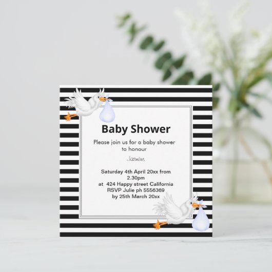 Invitation Baby shower à rayures noir et blanc (Debout devant)
