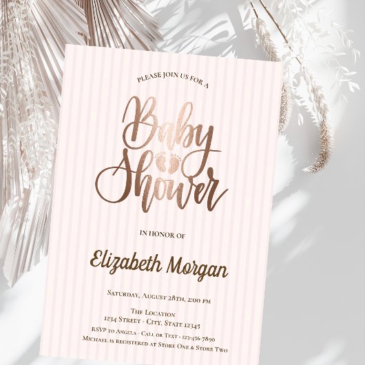 Invitation Baby shower à rayures or Rose unique