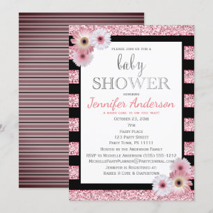 Invitation Baby shower à rayures rose noir