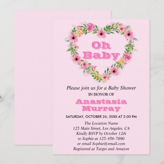 Invitation Baby shower à ressorts de fleurs rose-rose (Devant / Derrière)