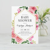 Invitation Baby shower à Rose à cadre fleuri rose (Debout devant)
