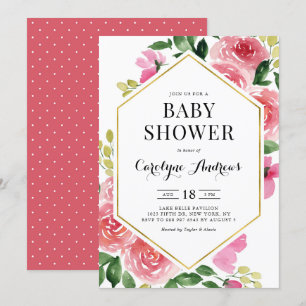 Invitation Baby shower à Rose à cadre fleuri rose