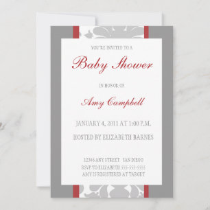 Invitation Baby shower à ruban gris Floral rouge d'invitation