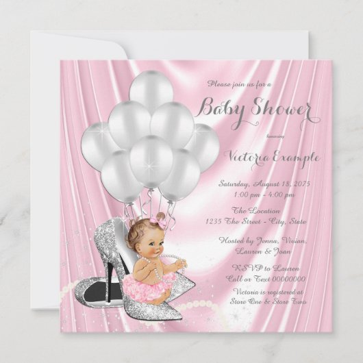 Invitation Baby shower à talon élevé rose argent gris perle (Devant)
