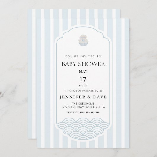 Invitation Baby shower à thème bleu moderne (Devant / Derrière)