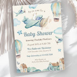 Invitation Baby shower à thème de l'aviation pour garçon<br><div class="desc">Invitation baby shower unique et imaginative à accueillir un bébé, cette conception présente un livre d'histoire illustrant un ours volant à bord d'un avion avec des montgolfières, des nuages bouffants et d'autres avions volant pour célébrer l'événement spécial. Les éléments design sont illustrés dans des aquarelles douces de bleu, beige et...</div>