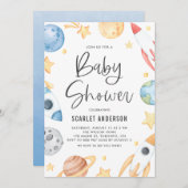 Invitation Baby shower à thème de l'espace Aquarelle (Devant / Derrière)