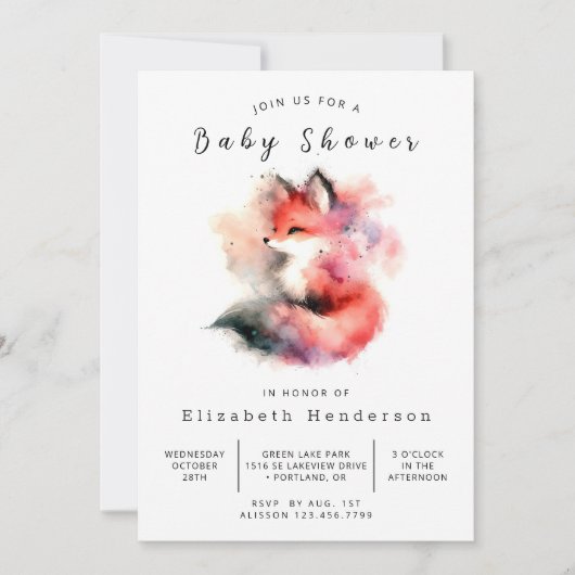 Invitation Baby shower à thème forestier tendance Fox (Devant)