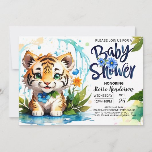 Invitation Baby shower à thème Jungle Vibes Blue Tiger (Devant)
