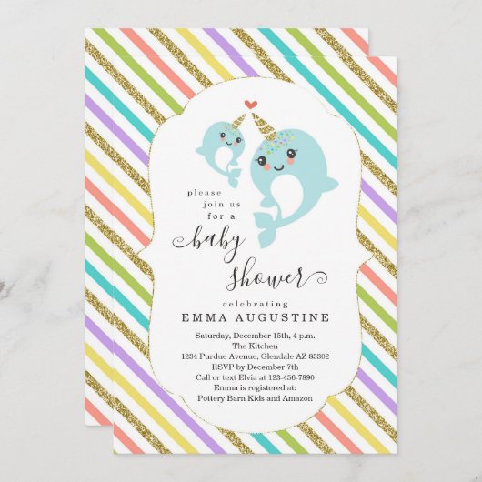 Invitation Baby shower à thème Narwhal personnalisé Unisex (Devant / Derrière)