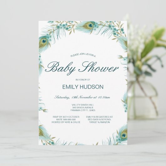 Invitation Baby Shower à thème Paon éditable (Debout devant)