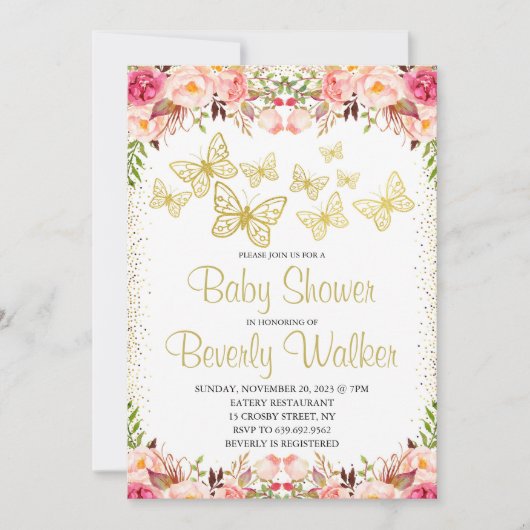 Invitation Baby shower à thème papillon Botanique Floral (Devant)