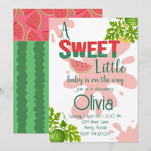 Invitation Baby shower à thème pastèque (Devant / Derrière)
