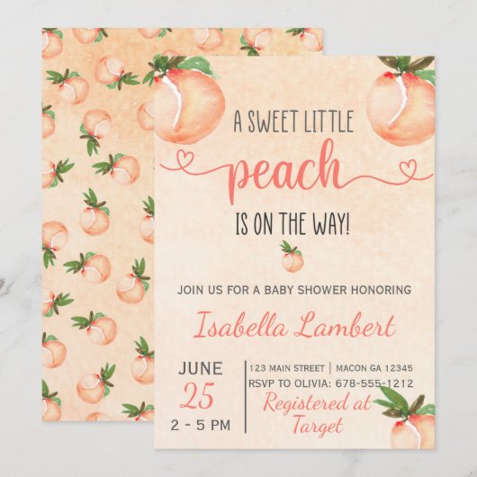 Invitation Baby shower À Thème Peach (Devant / Derrière)