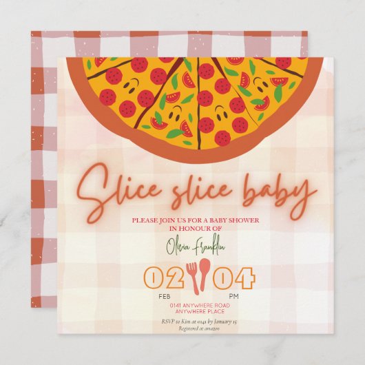 Invitation baby shower à thème pizza (Devant / Derrière)