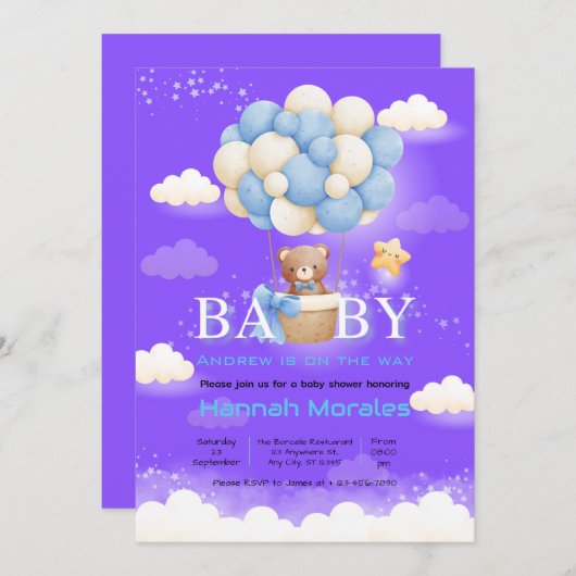 Invitation Baby shower à thème pour bébé ours (Devant / Derrière)