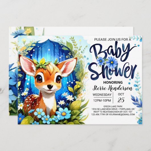 Invitation Baby shower à thème Whimsical Blue Deer (Devant / Derrière)