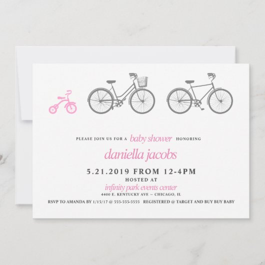 Invitation Baby shower à vélo rose (Devant)