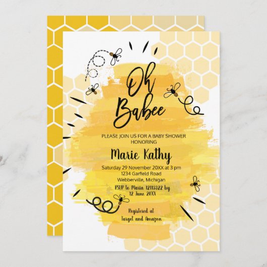 Invitation Baby Shower Abeille Chérie (Devant / Derrière)