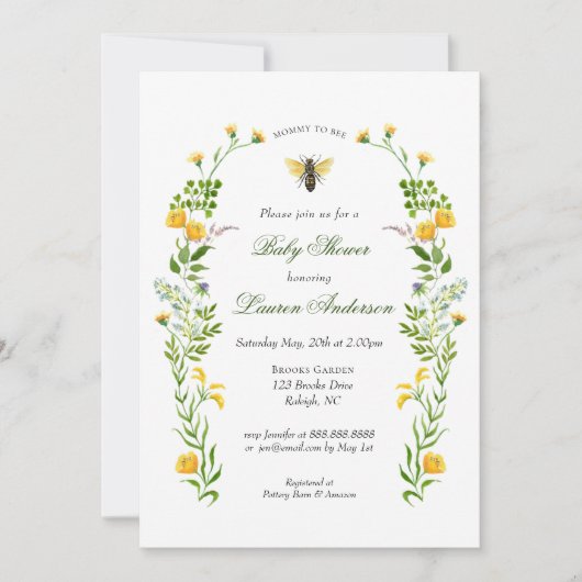 Invitation Baby Shower Abeille et Fleur Sauvage (Devant)