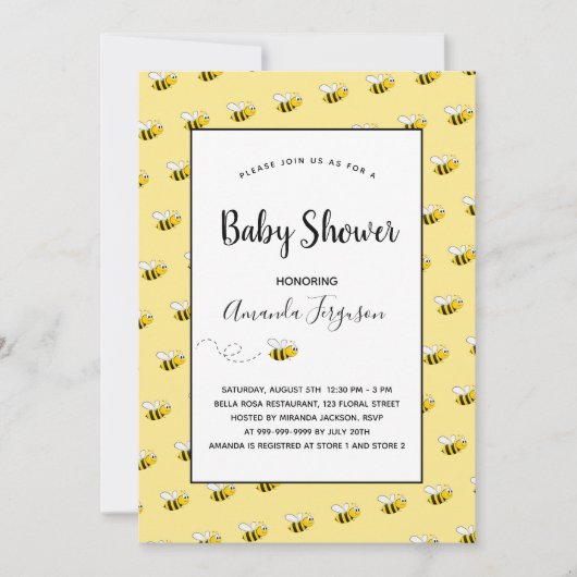 Invitation Baby shower abeilles jaune mignonne (Devant)