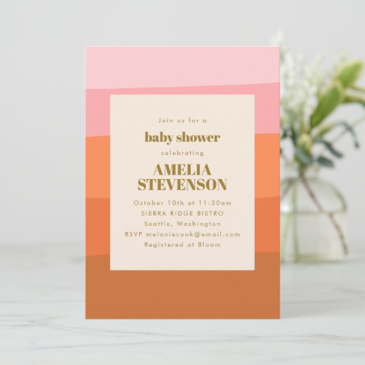 Invitation Baby Shower Abstrait Bandes Rose Orange Bohème (Debout devant)