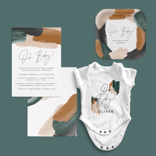 Invitation Baby shower abstrait en terre cuite verte