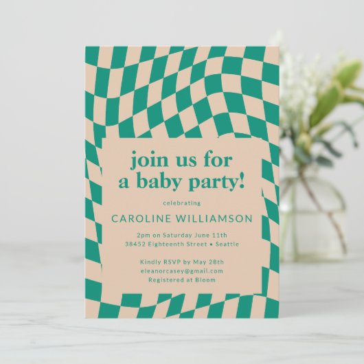 Invitation Baby shower Abstrait Retro Green Checkerboard (Debout devant)