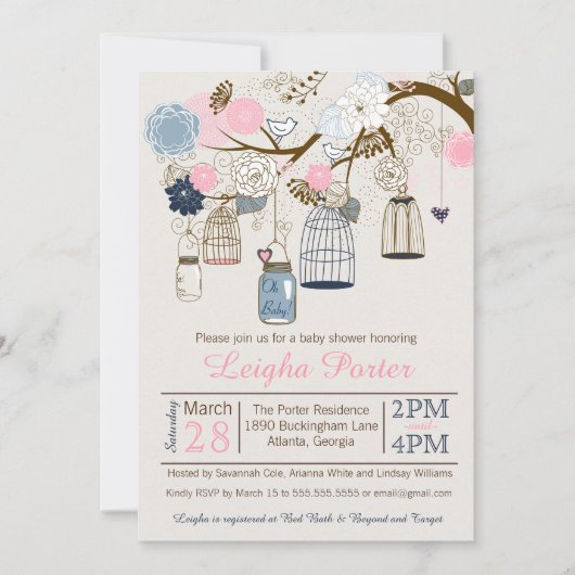 Invitation Baby shower accrochant de pots de cages de rose et (Devant)