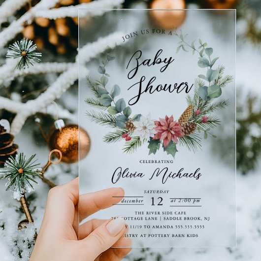 Invitation Baby shower acrylique Poinsettia Wreath