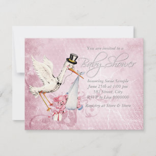 Invitation Baby-Shower Adorable au thème de la cigogne rose v