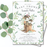 Invitation Baby shower adorable bébé orignal et maman<br><div class="desc">Jolie invitation baby shower avec l'orignal doux avec maman assise sur une souche d'arbre et encadrée de feuilles d'aquarelle verte naturelle sur un arrière - plan blanc. Retournez notre invitation pour voir une feuille verte assortie pour une touche spéciale.</div>