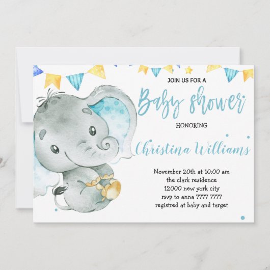 Invitation Baby shower adorable de bébé petit garçon éléphant (Devant)