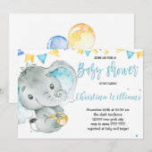 Invitation Baby shower adorable de bébé petit garçon éléphant (Devant / Derrière)