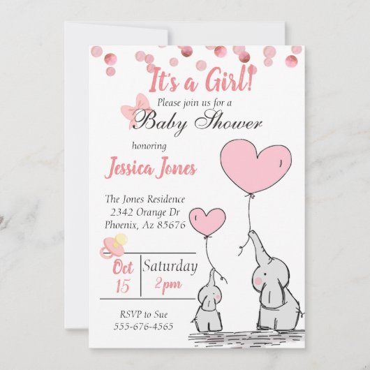 Invitation Baby shower adorable Mama & Baby Pink Elephants (Devant)