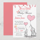 Invitation Baby shower adorable Mama & Baby Pink Elephants (Devant / Derrière)