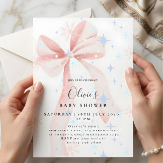 Invitation Baby Shower Adorable Ruban Rose et Flocons de Neig
