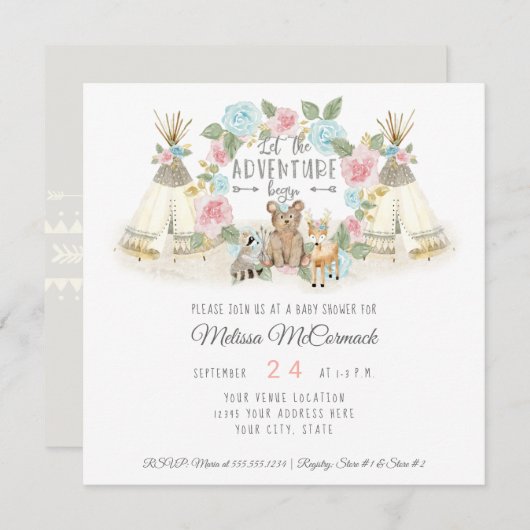 Invitation Baby shower Adventure Begin Teepee Bear Deer Grey (Devant / Derrière)