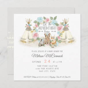 Invitation Baby shower Adventure Begin Teepee Bear Deer Grey