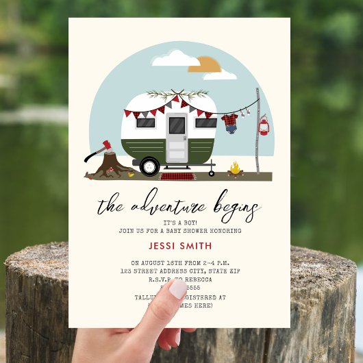 Invitation Baby shower Adventure Green Camper Lumberjack