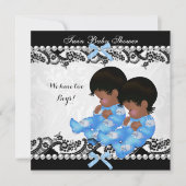 Invitation Baby shower African American Twin Boys bleu (Devant)