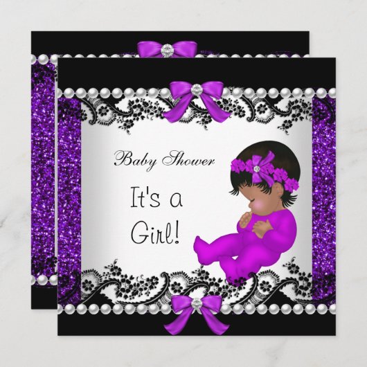 Invitation Baby shower afro-américain Baby Girl Parties scint (Devant / Derrière)