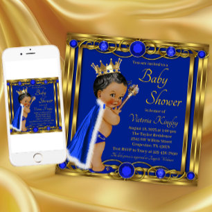 Invitation Baby Shower Afro-Américain Bleu Or Prince