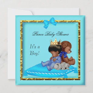 Invitation Baby Shower Afro-Américain Bleu Or Prince Garçon