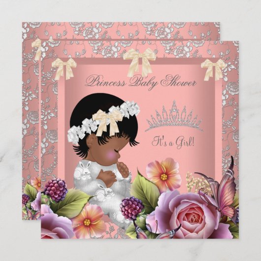 Invitation Baby shower afro-américain fille corail rose rose (Devant / Derrière)