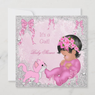 Invitation Baby shower afro-américain fille Kitten rose