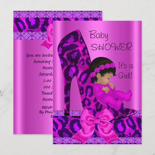 Invitation Baby shower afro-américain fille léopard rose (Devant / Derrière)