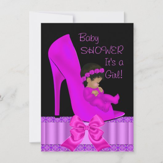 Invitation Baby shower afro-américain fille rose violet chaus (Devant)