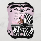 Invitation Baby shower afro-américain fille rose Zebra 4 (Devant / Derrière)
