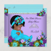 Invitation Baby shower afro-américain fille Turquoise bleu po (Devant / Derrière)